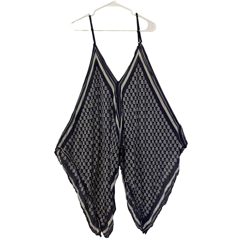 Navy Blue Monogram Print Handkerchief Hem Jumpsuit V-Neck Adjustable Straps